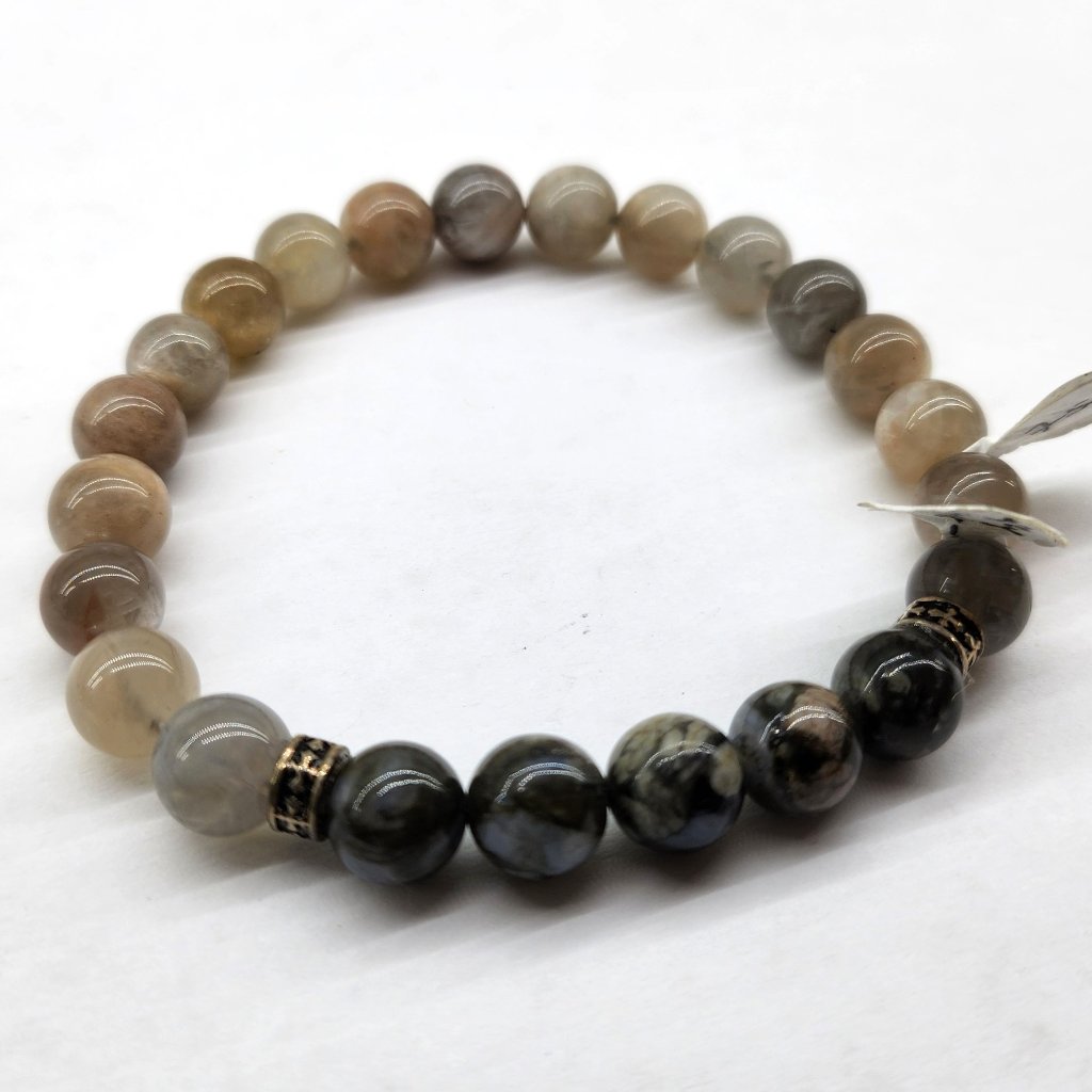 Grey Opal & Grey Moonstone Beaded Bracelet W/ Sterling Silver Accent Beads